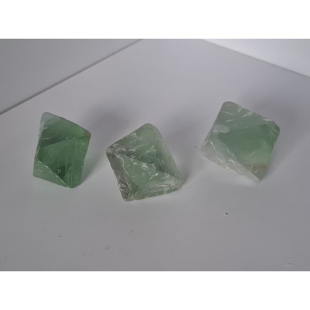 Lot of 3 Large Green Fluorite Octahedron Crystals 2" Raw Mineral Specimens 5oz